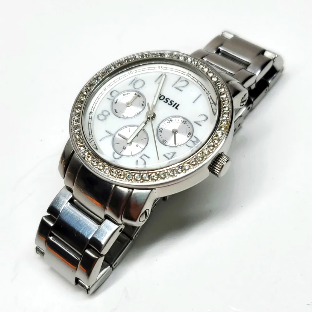 Fossil Watch ES2967 Silver Steel  Wristband Crystal Bezel Multifunction Watch